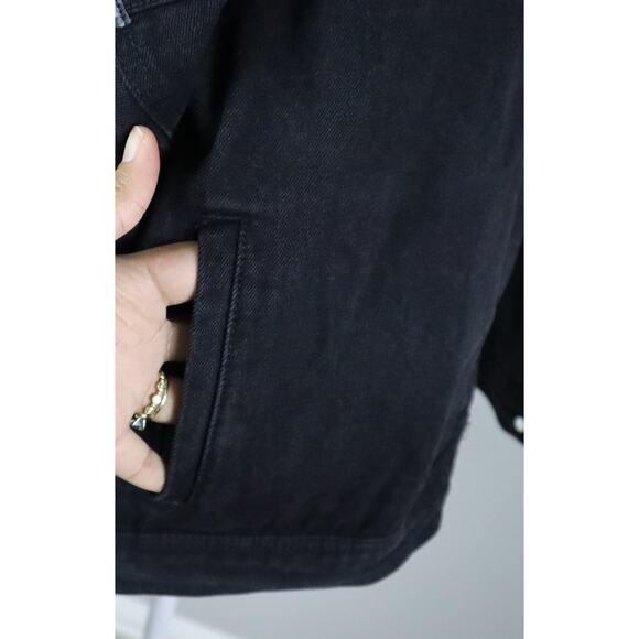 Black Denim Jacket Faux Leather Fringe Western Boho Oversized OX XL Short COTTON - Picture 9 of 10